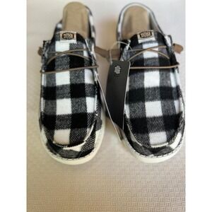 Hey Dude Wendy White/Black Buffalo Plaid Slip Ons Size 11 NWT